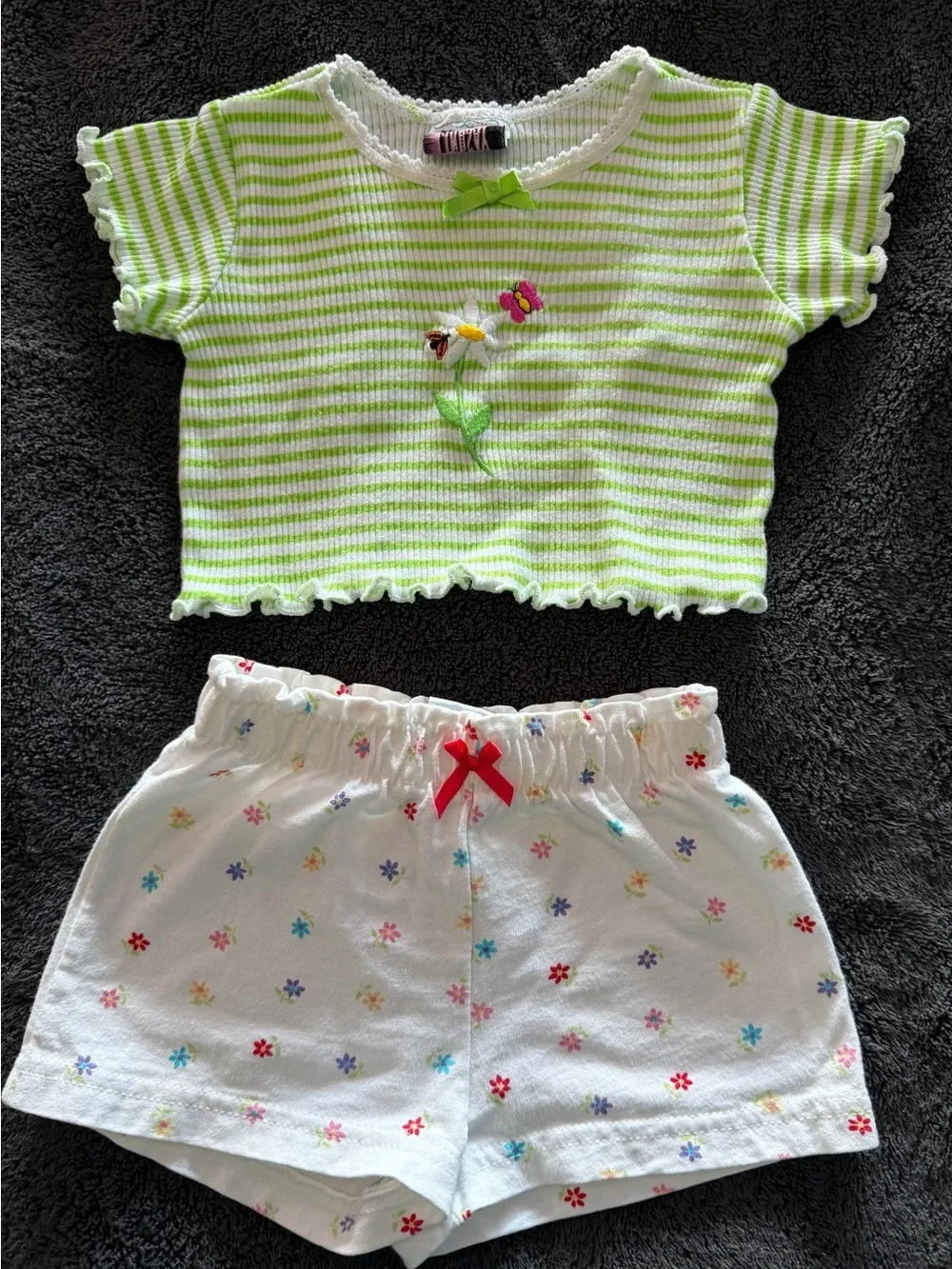 Kids Two-Piece Matching Set - Green Striped Top & Floral Shorts